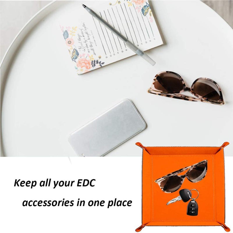 siduater Valet Tray Desktop Storage Organizer â€“ Vegan Leather Catchall Bedside Vanity Tray Nightstand Caddy Holder for Remote Controller, Watch, Keys, Phone, Wallet, Coin, Jewelry (Orange/Black) - Image 3